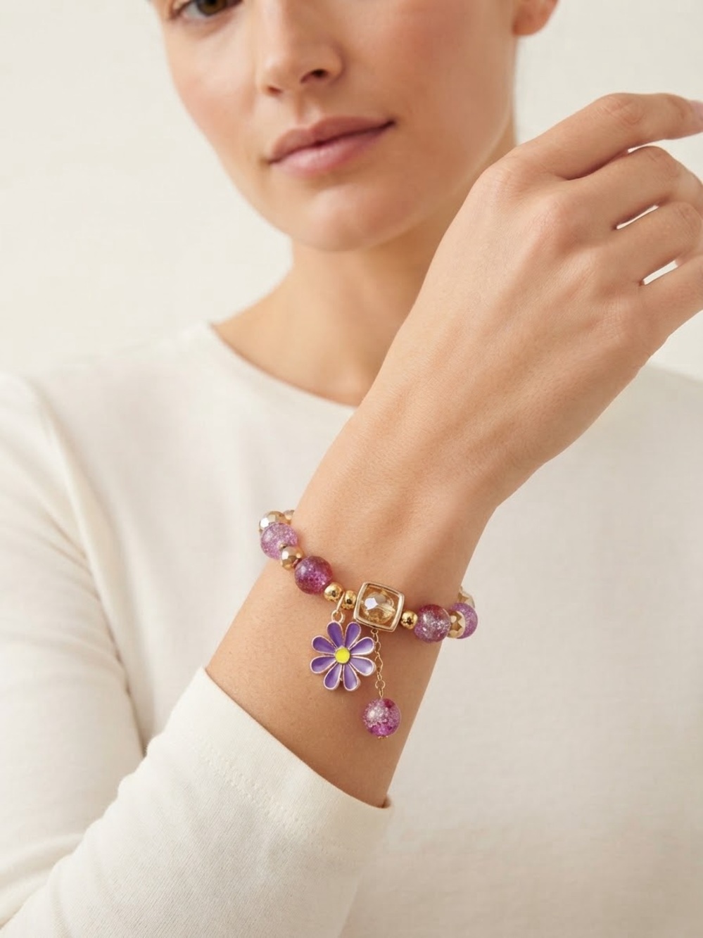 Gold-Tone Purple Daisy Charm Beaded Bracelet - Women Jewelry